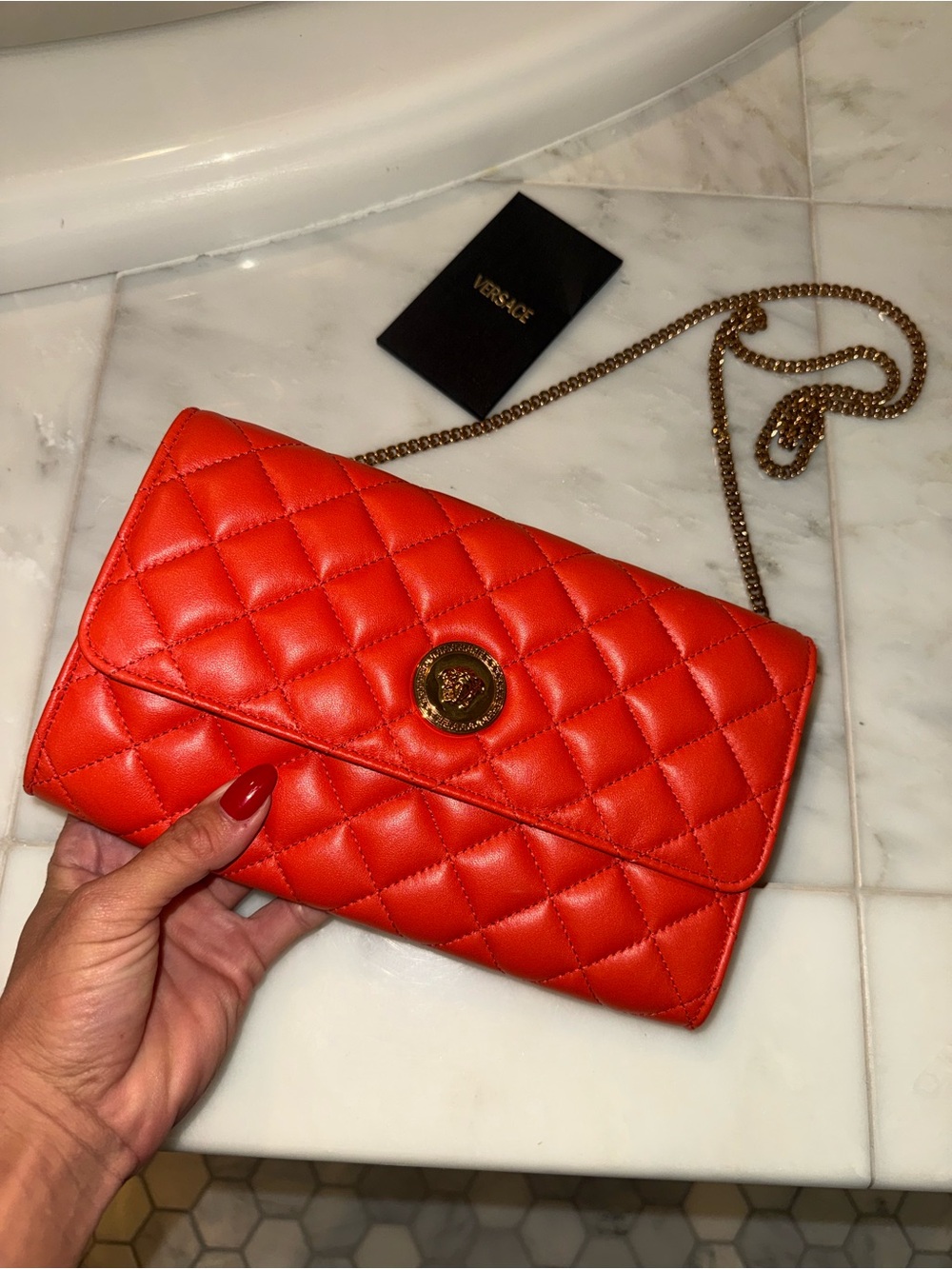 Versace Quilted Orange Leather Chain Crossbody